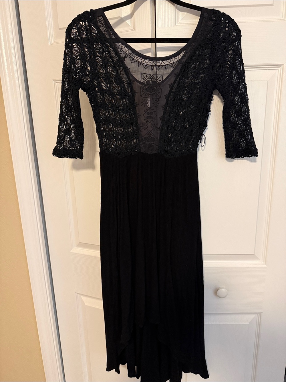 Free People Black Lace-Front Asymmetrical Midi Dress
